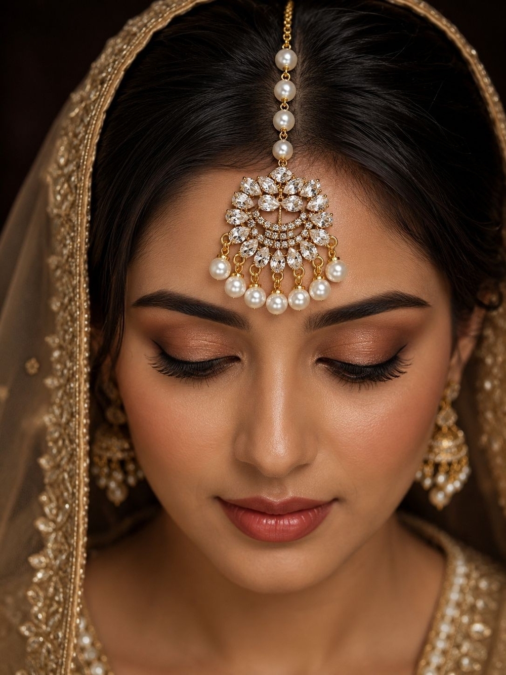 Gold Pearl Teardrop Maang Tikka Hair Jewelry - Picture 4 of 7